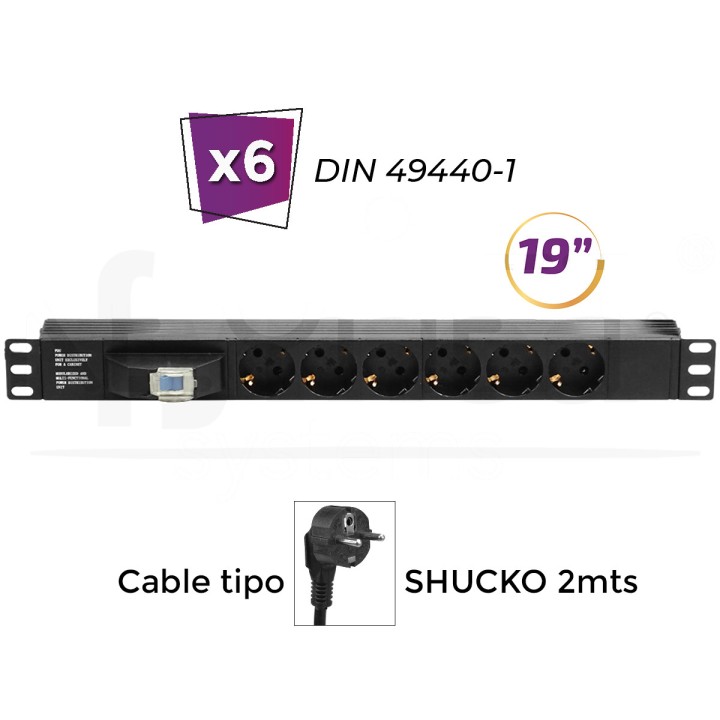 6 tomas DIN 1U rack 19" - Regleta eléctrica